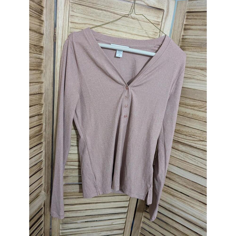 Athleta Uptempo Ribbed Henley Top Women mauve L/S Semi fitted Size S